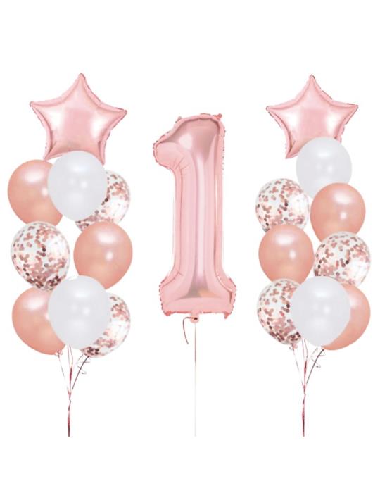 Zestaw Balonów foliowych Roczek 460405 XL cyfra 1, gwiazdki, gumowe różowe zestaw 19szt