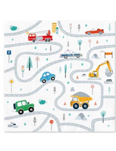 Serwetki papierowe Auta 10szt 131459 Jeep, garbus, wóz strażacki, radiowóz, wywrotka, koparka 33 x 33 cm
