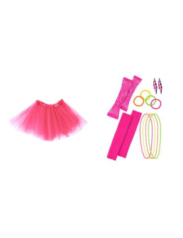 1 Zestaw Strój Disco lata 80 6el ZES655 TuTu Różowa 40cm Rękawiczki Opaska Kolczyki Bransoletki Korale