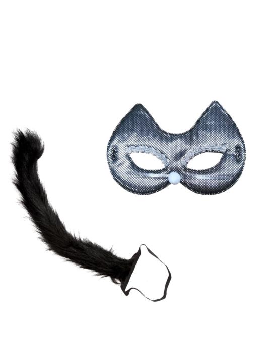 1 Zestaw Strój Kotek Maska Ogon ZES659 2el Czarno-Srebrna Kota Kot