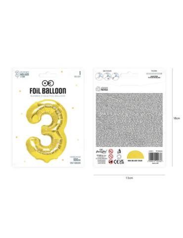 Balon foliowy cyfra 3 złota 100cm 450015 100 cm urodziny jubileusz party jubilat impreza