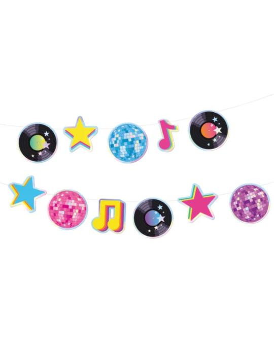 1 Girlanda Retro Disco 150cm 156759 Płyty winylowe Gwiazdki Dyskotekowe Kule Nuty Lata 70-te i 80-te