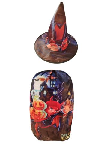 Zestaw Czarownicy Fioletowy TC58725F Kapelusz plus Peleryna Happy Halloween Montsers Cukierek albo Psikus