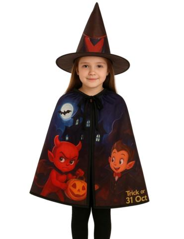 Zestaw Czarownicy Fioletowy TC58725F Kapelusz plus Peleryna Happy Halloween Montsers Cukierek albo Psikus