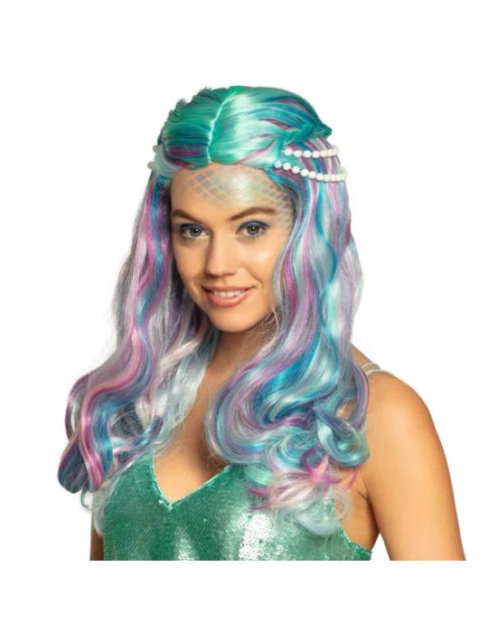 Peruka Długa Syrenka Morska 85053 z perłami Ariel tęczowa
