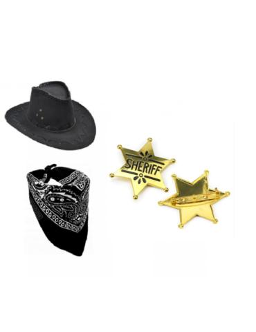 Zestaw Kowbojka/Kowboj Czarny ZES465 3el Kapelusz Czarny Bandanka Gwiazda Szeryfa dla dorosłych.