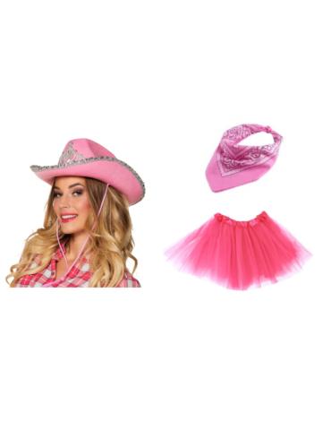 Zestaw Strój Kowbojki Damski 3el ZES661 Różowa Tutu 40cm Kapelusz Bandanka.