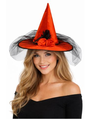 Kapelusz Czarownicy Czerwony A2281 z woalką tiulem halloween