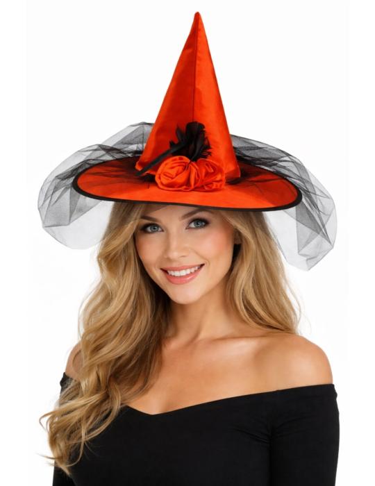 Kapelusz Czarownicy Czerwony A2281 z woalką tiulem halloween