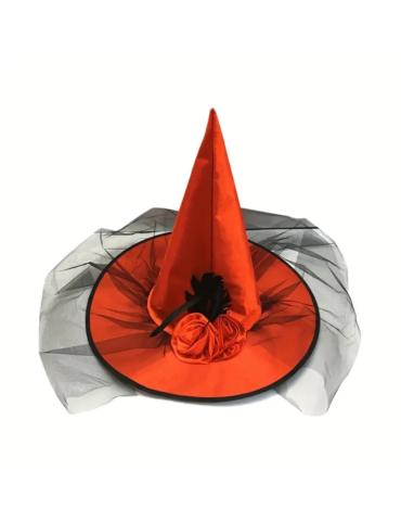 Kapelusz Czarownicy Czerwony A2281 z woalką tiulem halloween