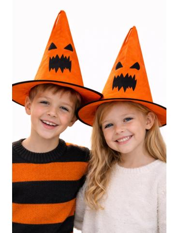 Kapelusz Czarownicy Pomarańczowy A2279 dziecięcy z buzią halloween czapka dynia