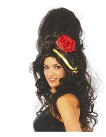 Peruka Długa Amy Brązowa z Kokiem 4276BZ Popstar z Kwiatkiem Winehouse Hiszpanka Flamenco