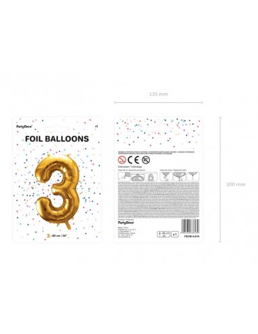 Balon foliowy Cyfra ""3"", 86cm, złoty