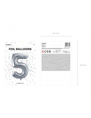 Balon foliowy Cyfra ""5"", 86cm, srebrny