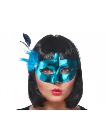 Maska Party z piórkiem, turkus, 1szt.