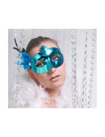 Maska Party z piórkiem, turkus, 1szt.