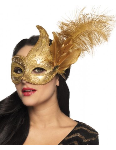 Maska Wenecka Złota z piórem 00219