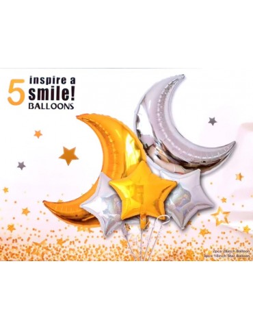 1Zestaw Balonów Księżyce i Gwiazdki 5szt Złoty i Srebrny