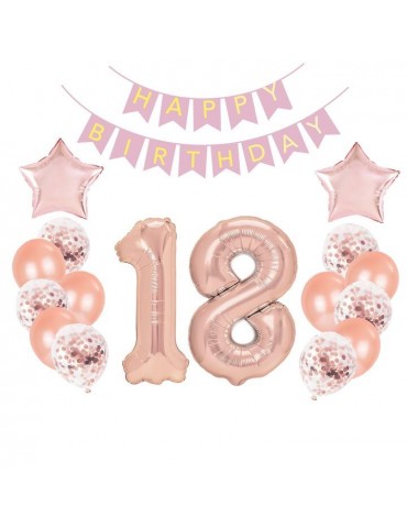 1Balony 18 urodziny Zestaw różowy 460474 rose gold 18-tka 16szt + grilanda gratis