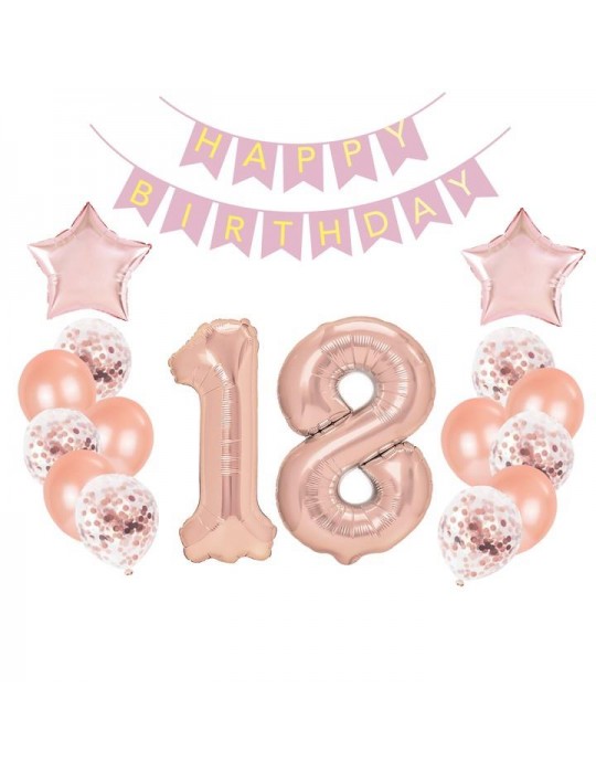 1Balony 18 urodziny Zestaw różowy 460474 rose gold 18-tka 16szt + grilanda gratis