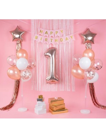 1Balony foliowe Roczek zestaw XL 460405 cyfra 1, gwiazdki, gumowe różowe zestaw 19szt