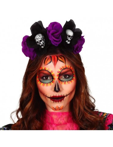 1Opaska Halloween z czaszkami 26724BZ Czarno-fioletowa tiara Meksykański Festiwal Śmierci