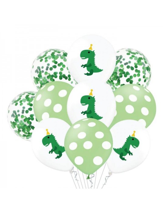 1Zestaw Balonów Dinozaury 10szt 400889 na urodziny Konfetti , Zielone w kropki