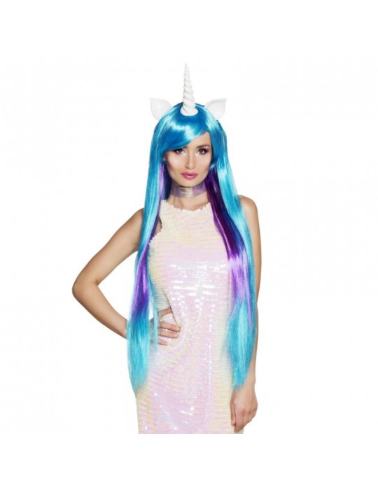 1Peruka Długa Jednorożec Niebieska 85817 z białym rogiem i uszami Gwiezdny Pył Unicorn