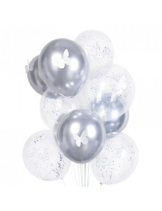 1Balony Motyle Srebne z Konfetti 400908 małe kontetti 10 sztuk urodziny, wieczór panieński,everty,imprezy,sylwester,ślub,chrzcin