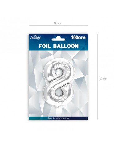 1Balon foliowy Cyfra 8 srebna 450010 100 cm liczba urodziny przyjęcia okazje