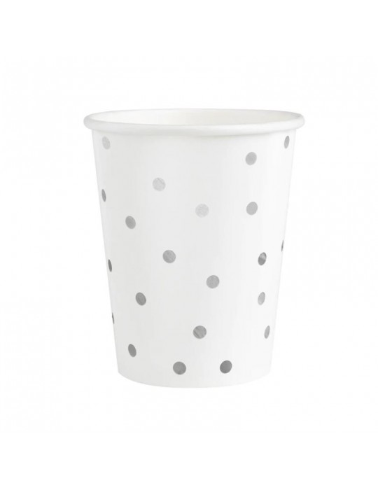1Kubeczki Białe Srebne kropki6szt 510865 papierowy jednorazowe 220ml wieczór panieński urodziny eventy przyjęcia party