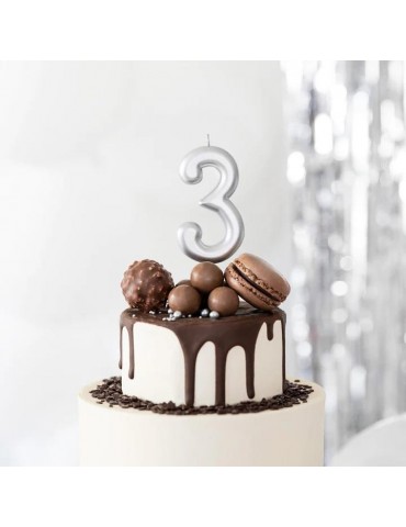 1Świeczka urodzinowa cyfra 3srebna420193 7 cm urodziny przyjęcia