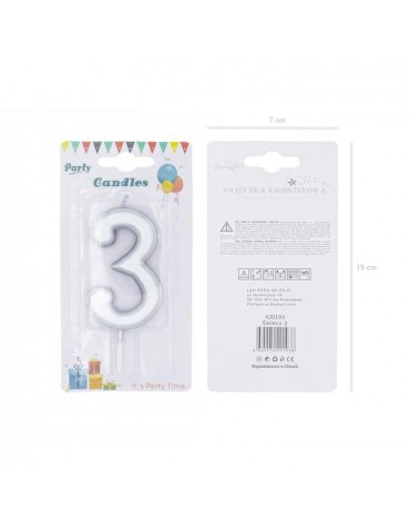 1Świeczka urodzinowa cyfra 3srebna420193 7 cm urodziny przyjęcia