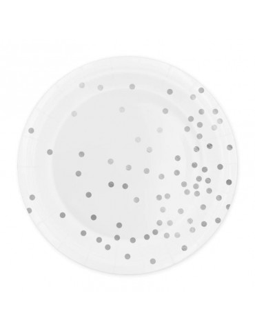 1Talerzyki Białe Srebne Kropki 510864 6szt. wieczór panieński przyjęcia 18cm