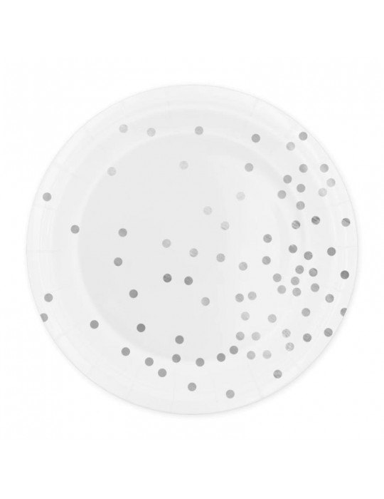 1Talerzyki Białe Srebne Kropki 510864 6szt. wieczór panieński przyjęcia 18cm
