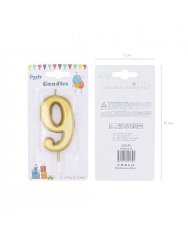 1Świeczka urodzinowa cyfra 9złota 420189 7 cm urodziny przyjęcia