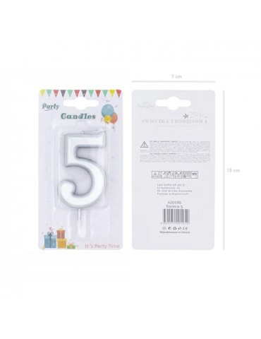 1Świeczka urodzinowa cyfra 5srebna420195 7 cm urodziny przyjęcia