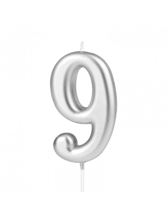 1Świeczka urodzinowa cyfra 9srebna420199 7 cm urodziny przyjęcia