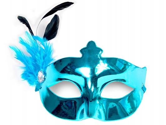 Maska Party z piórkiem, turkus, 1szt.