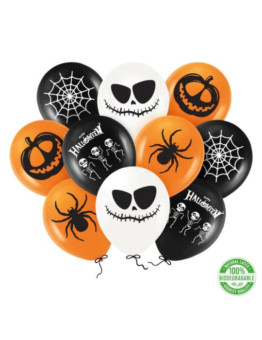 1Balony lateksowe Halloween 10szt 400920 Kościotrupy Pająki Duchy Dynie Pajęczyna Andrzejki Zombi Party