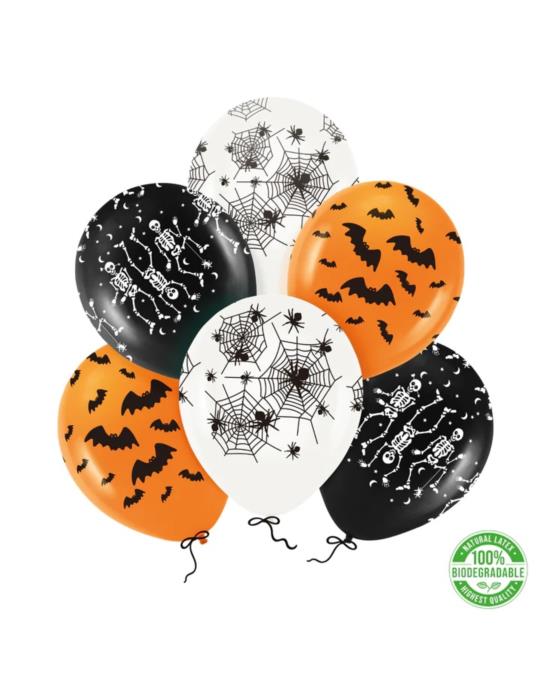 1Balony lateksowe Halloween 6szt 400642 Nietoperze Pajęczyny Kościotrupy Andrzejki Zombi Party