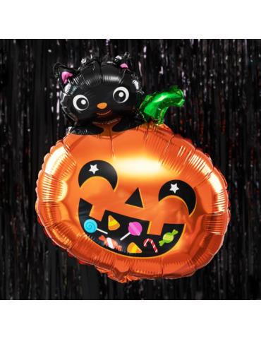 1Balon foliowy Dynia z Kotkiem 460658 czarnym 65x51cm Halloween Andrzejki Party Kot