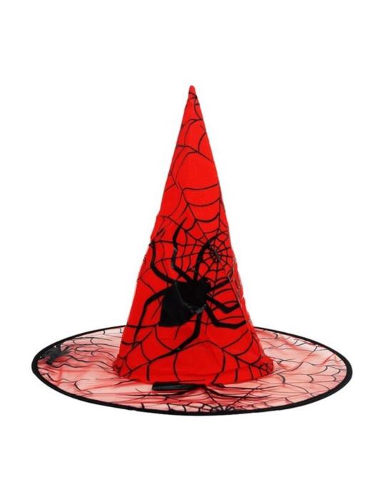 1Kapelusz Czarownicy Czerwony CC245 z pajęczyną i Pająkiem Wiedźma Halloween Andrzejki