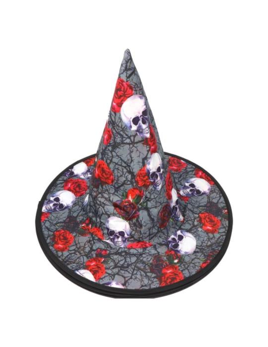 1Kapelusz Czarownicy w Czaszki CC260 i Róże Wiedźma Halloween Andrzejki