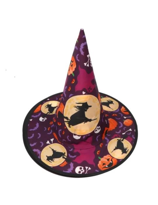 1Kapelusz Czarownicy Fioletowy CC258 z iWiedźmą i Dyniami Halloween Andrzejki