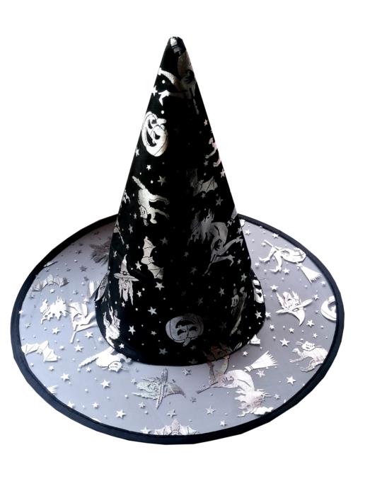 1Kapelusz Czarownicy Halloween CC248 Srebrny Wiedźma Dynia Nietoperz Kot Andrzejki