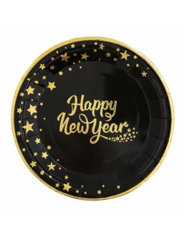 Talerzyki Happy New Year czarne 512661 6szt 15cm papierowe sylwester nowy rok
