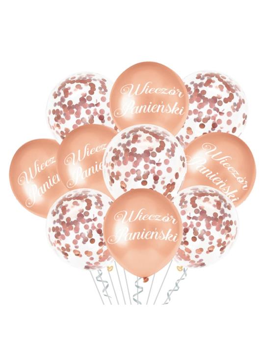 Balony Wieczór Panieński Różowy 400808 10 sztuk z konfetti różowym zestaw impreza rose gold foliowy 12 cali