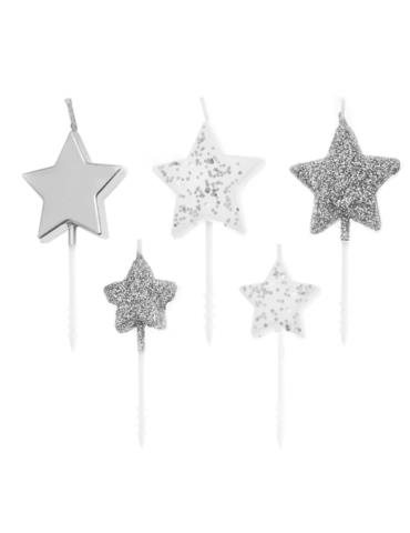 Świeczki gwiazdki srebne 420161 urodzinowe 5 sztuk