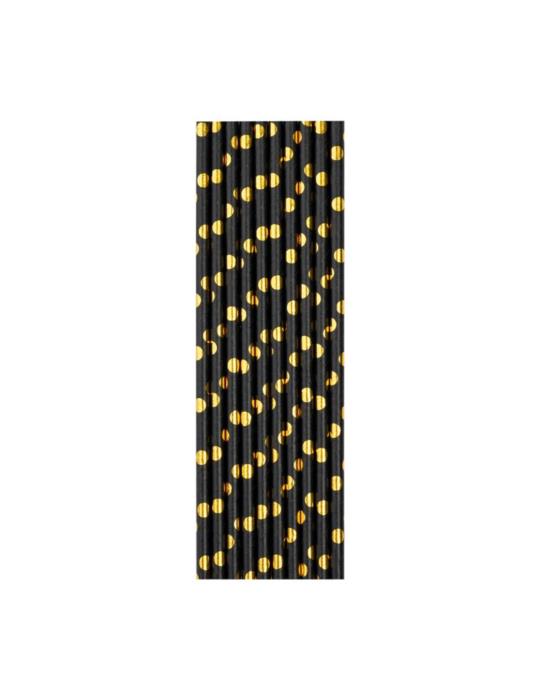 1Słomki Czarne Złote Kropki 10szt 512366 19,5 cm papierowe sylwester przyjęcia
